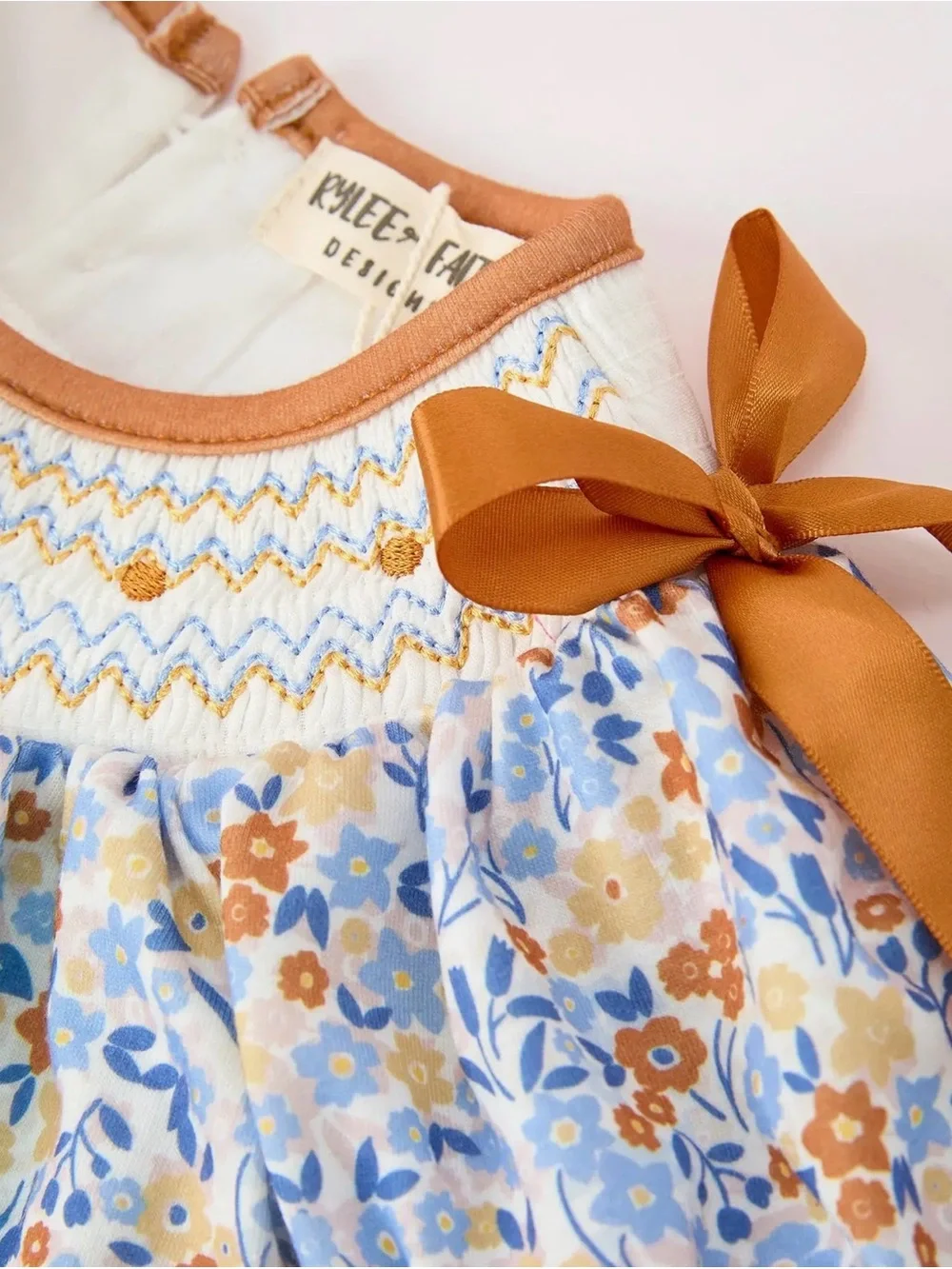 Girls Floral Smocked Matching Set in Blue and Orange